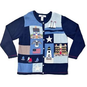 Claire Murray Womens Cardigan‎ Large Ramie Cotton Americana Lighthouses Sailboat